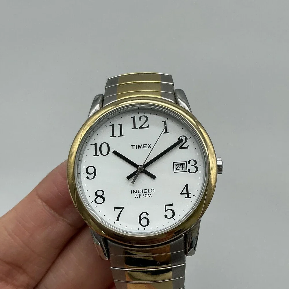 Timex Indiglo WR 30M Mens Watch 35mm White Dial Two Tone Bracelet New Battery